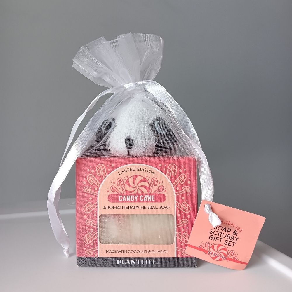 Plantlife Aromatherapy Candy Cane Soap Cotton Scrubby 4.5oz Vegan Olive Coconut